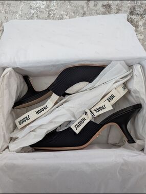 Dior Black Slingback J'Adior Ribbon Kitten Heels